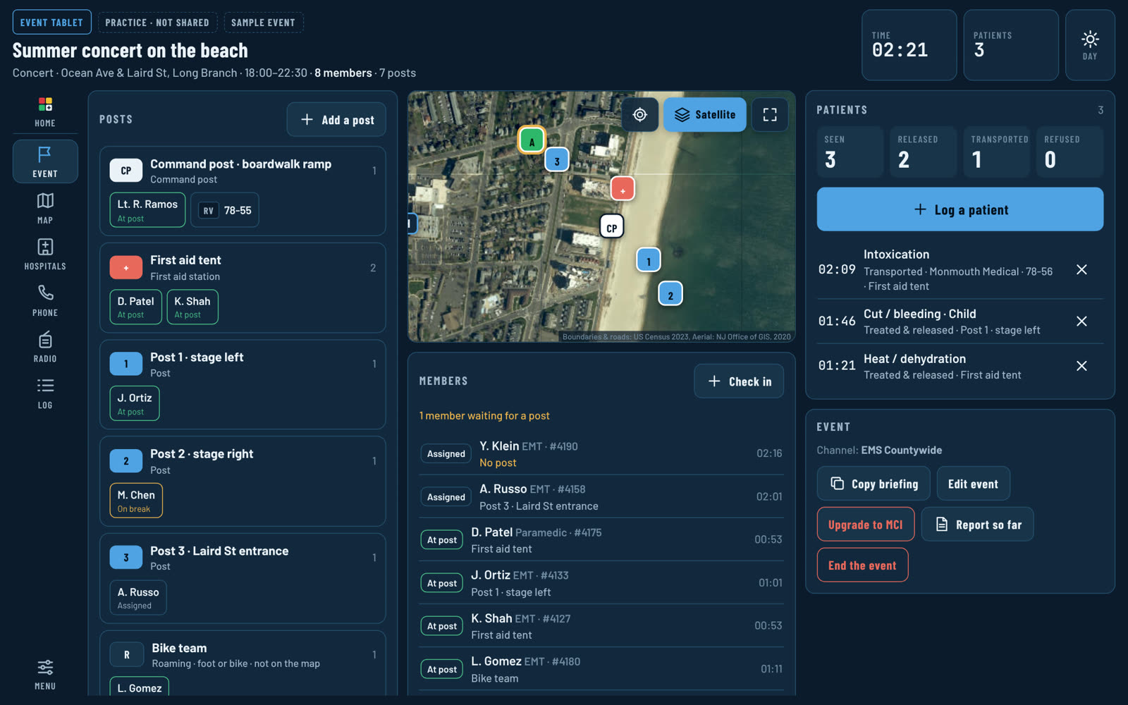 A planned event: posts on an aerial map of the beach, members at each post, and the patient log